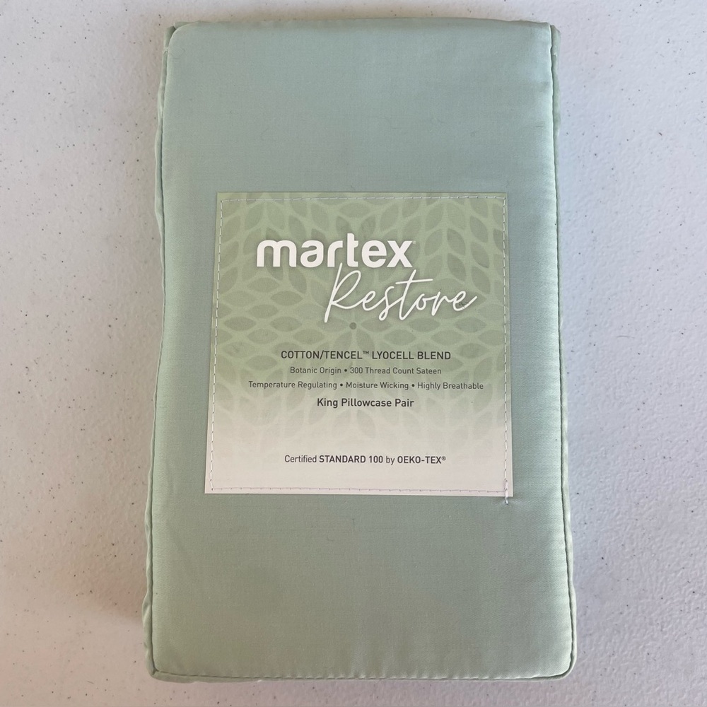 Martex Restore 300 Thread Count Pillowcases King Cotton Tencel Set 2 Sage Green